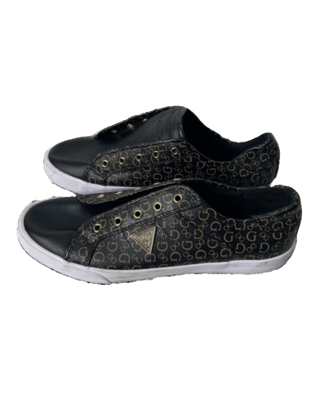 GUESS Womens Lace Up Sneakers Shoes Size 9.5 M Black Gold Monogram EUC